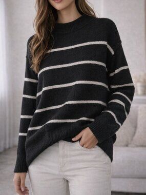 Aerie Black & White Striped Cozy Knit Sweater Oversized Soft Pullover